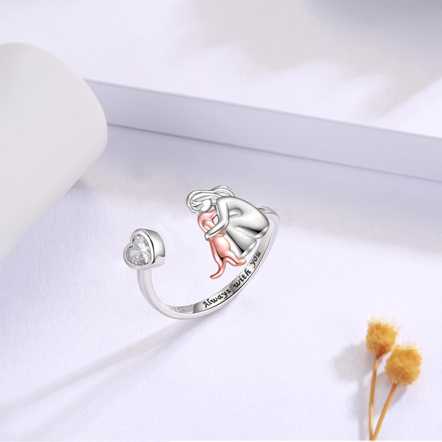 Verstellbarer Hundering aus 925 Sterling Silber – „Immer in meinem Herzen“ mit Zirkonia