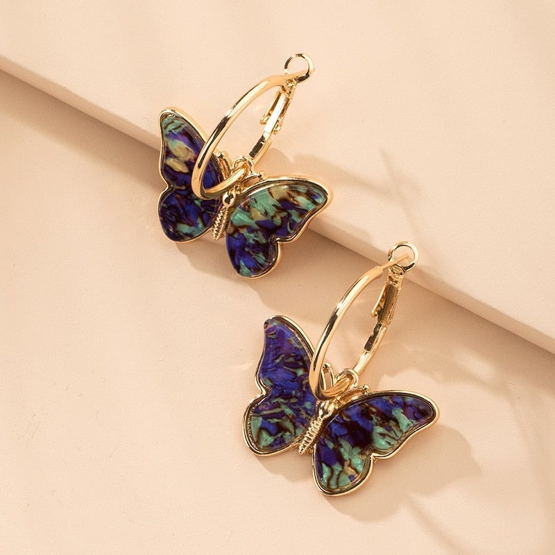 Goldfarbene mehrfarbige Schmetterling-Hoops-Ohringe