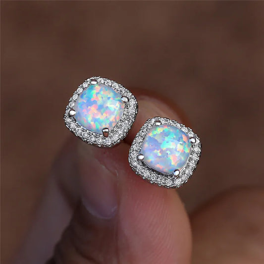 Elegante Silberne Runde Weiße Feueropal Ohrstecker