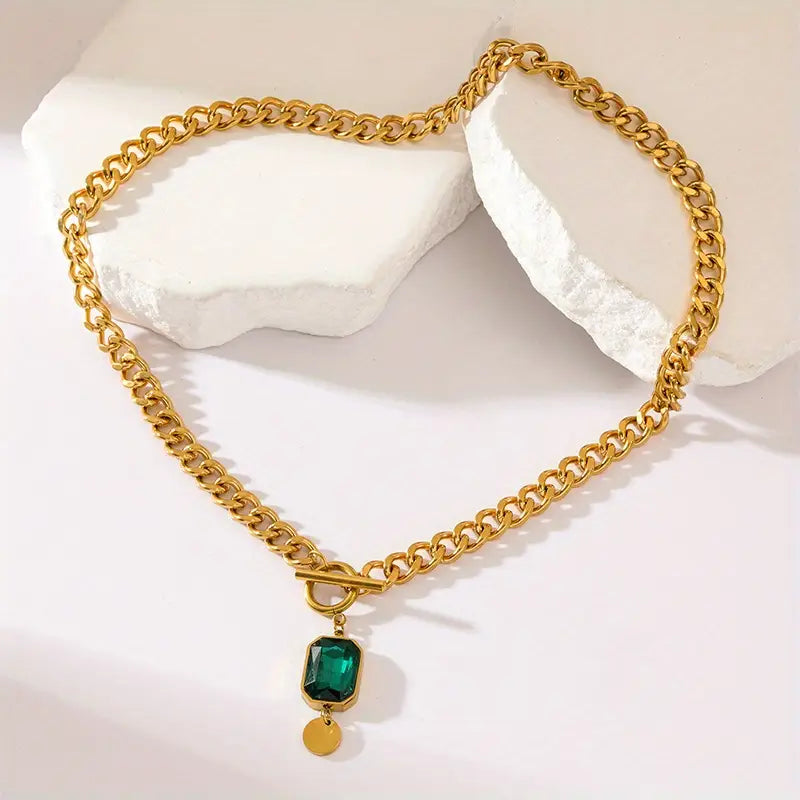 Chunky Chain Smaragd Gold Anhänger Halskette