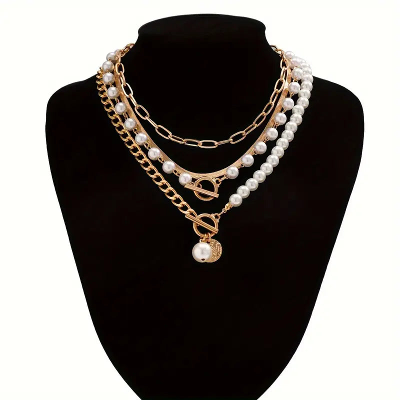 Vintage Perlen- und Gold-Schlangenkette Set