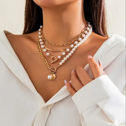 Vintage Perlen- und Gold-Schlangenkette Set