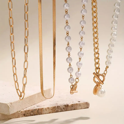 Vintage Perlen- und Gold-Schlangenkette Set