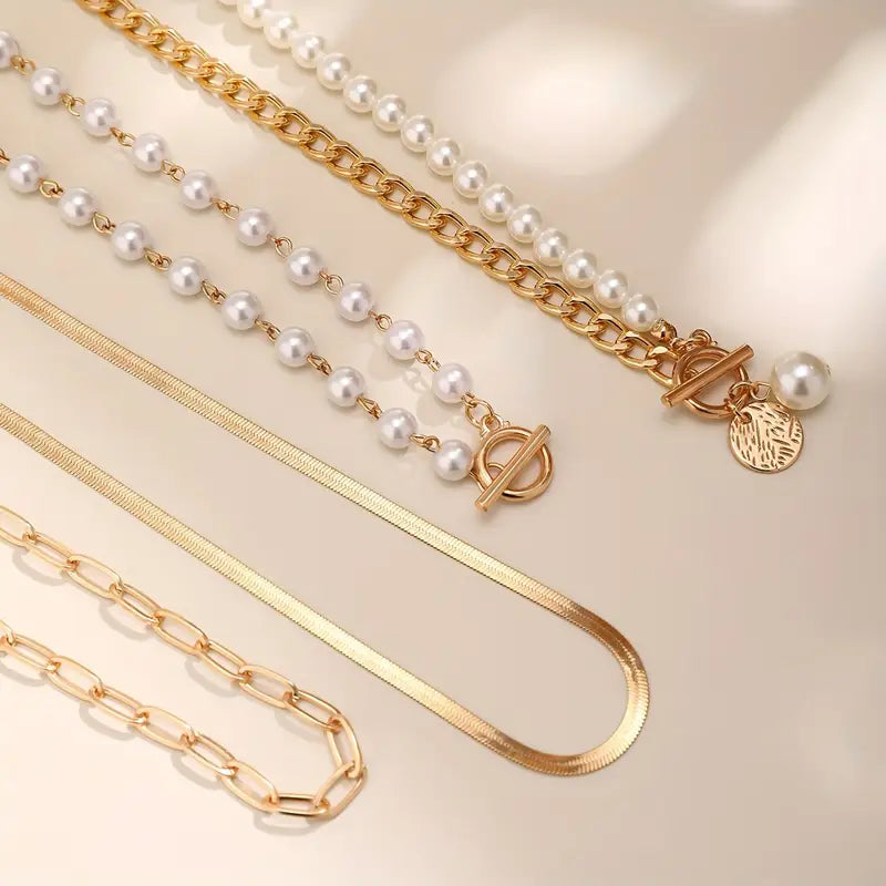 Vintage Perlen- und Gold-Schlangenkette Set