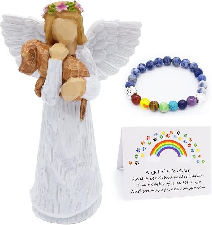 Hundegedenkgeschenkset mit Engel der Freundschaft Figur und Regenbogenbrücke Chakra-Armband