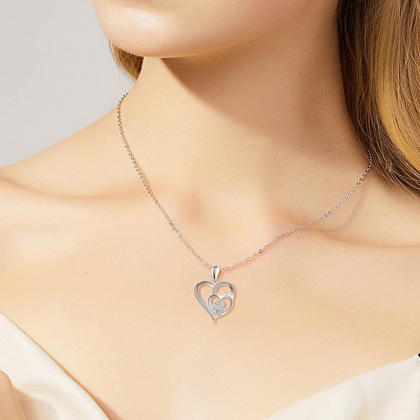 Sterling Silber Pfoten- & Herz-Halskette mit Zirkonia