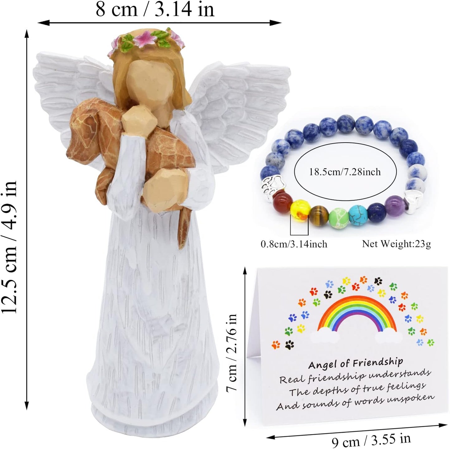 Hundegedenkgeschenkset mit Engel der Freundschaft Figur und Regenbogenbrücke Chakra-Armband