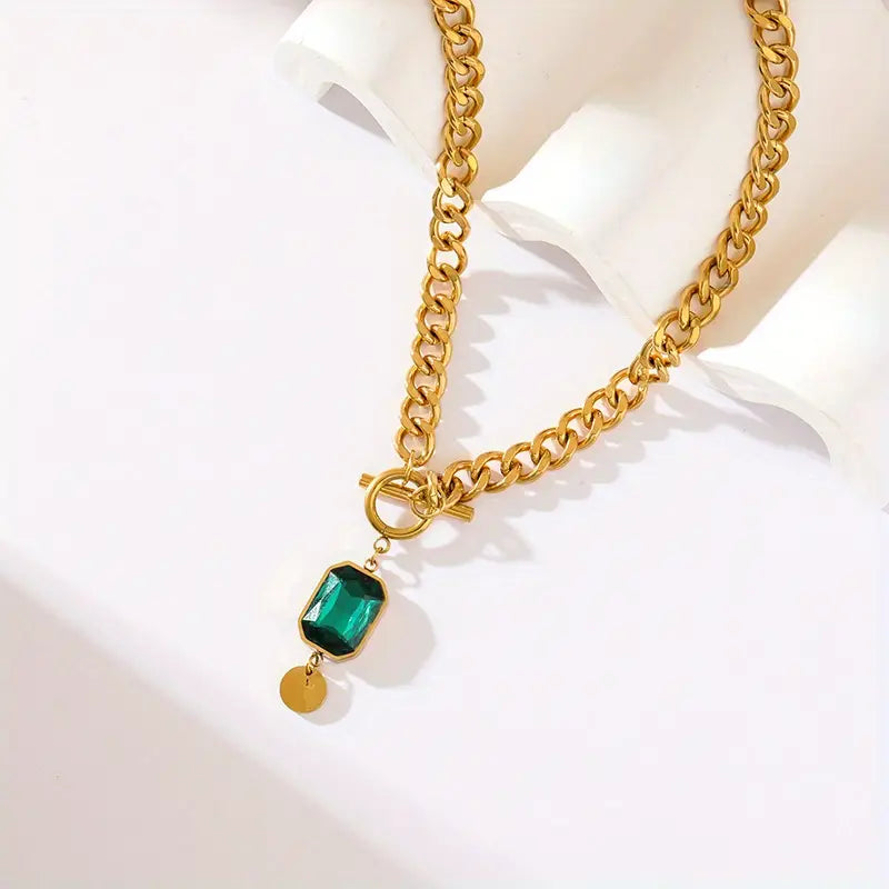 Chunky Chain Smaragd Gold Anhänger Halskette
