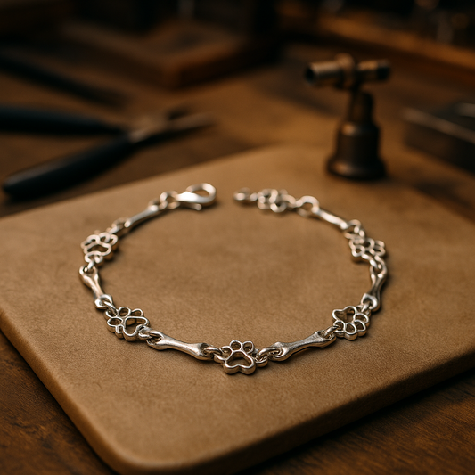 Limitierte Edition: Armband mit reinem Silber und Hundepfoten- und Knochen-Anhängern