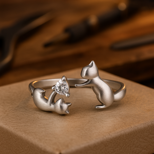 Verspielter verstellbarer Ring aus Sterlingsilber mit Katze und Zirkonia