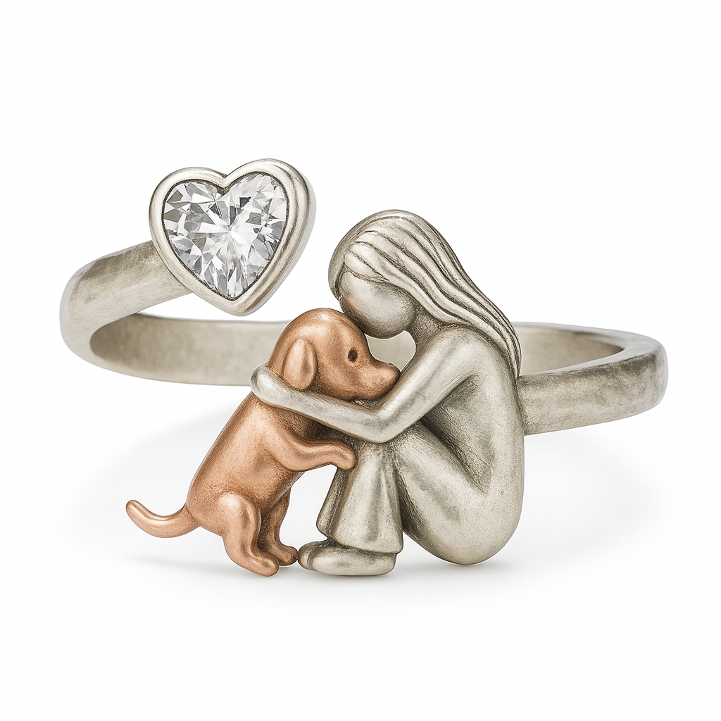 Handgefertigter Hundering aus 925 Sterling Silber mit herzförmigem Zirkonia – Verstellbare Passform