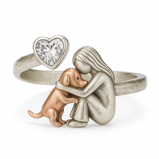 Handgefertigter Hundering aus 925 Sterling Silber mit herzförmigem Zirkonia – Verstellbare Passform
