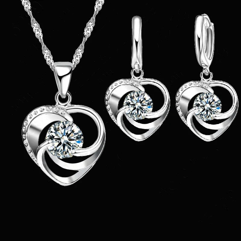 Sterling Silber Herz Halskette und Ohrringe