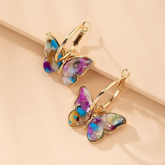 Goldfarbene mehrfarbige Schmetterling-Hoops-Ohrringe