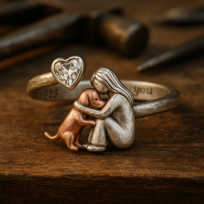 Handgefertigter Hundering aus 925 Sterling Silber mit herzförmigem Zirkonia – Verstellbare Passform