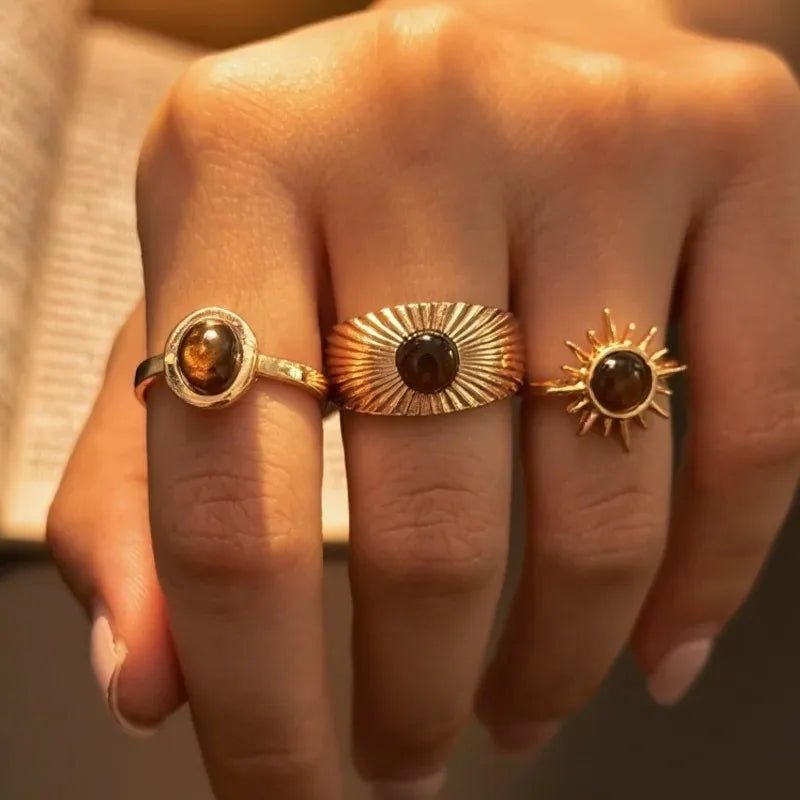 Goldenes Solar-Trio-Ring-Set