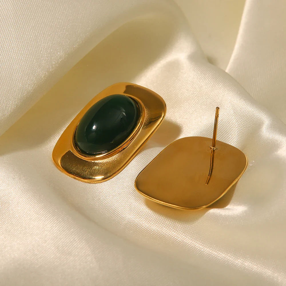 Vintage 18K Goldplattierte grüne Opal-Ovalohrringe