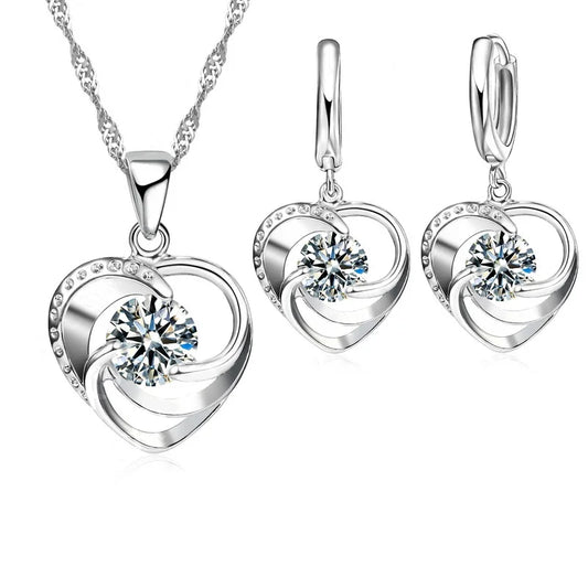 Sterling Silber Herz Halskette und Ohrringe