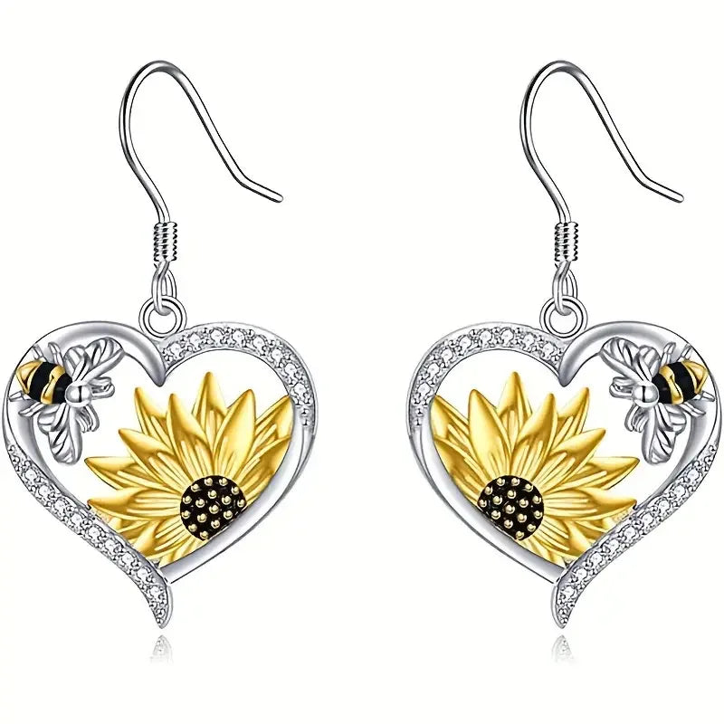 Vintage Boho Sonnenblume & Biene Herz Ohrhänger