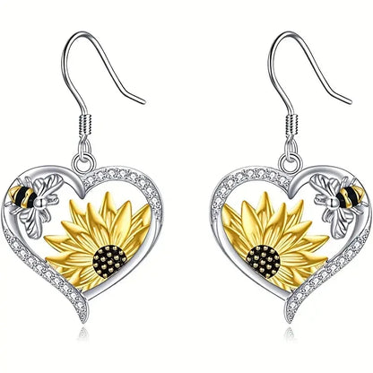 Vintage Boho Sonnenblume & Biene Herz Ohrhänger
