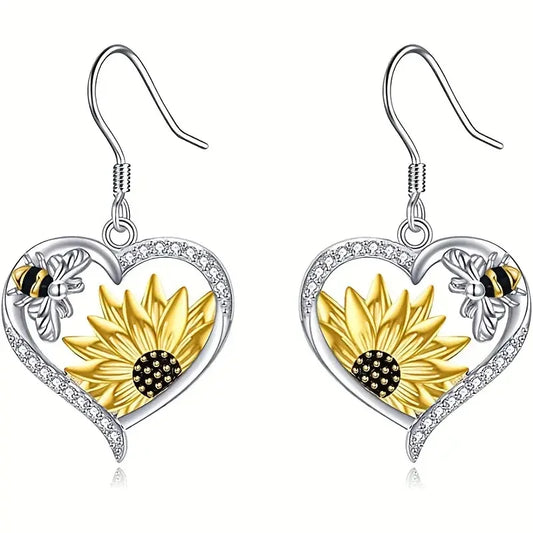 Vintage Boho Sonnenblume & Biene Herz Ohrhänger