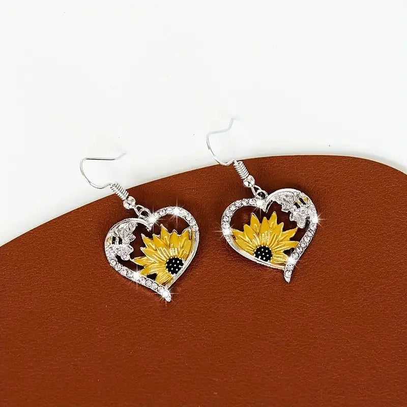 Vintage Boho Sonnenblume & Biene Herz Ohrhänger