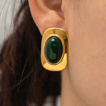 Vintage 18K Gold Plated Green Opal Oval Earrings
