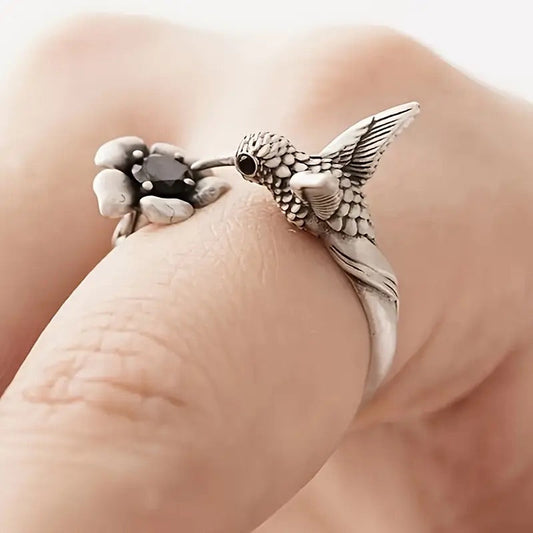 Kolibri & Blumenring – Verstellbarer Offener Vogelring für Frauen
