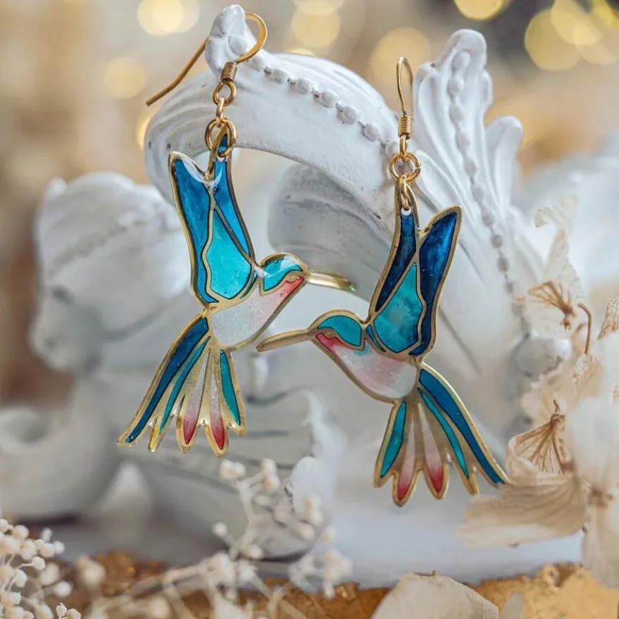 Goldblaue Emaille Kolibri Tropf Ohrringe