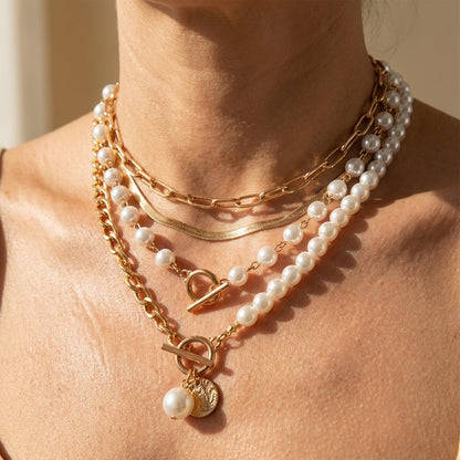 Vintage Perlen- und Gold-Schlangenkette Set
