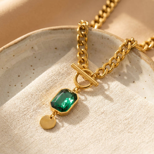 Chunky Chain Smaragd Gold Anhänger Halskette