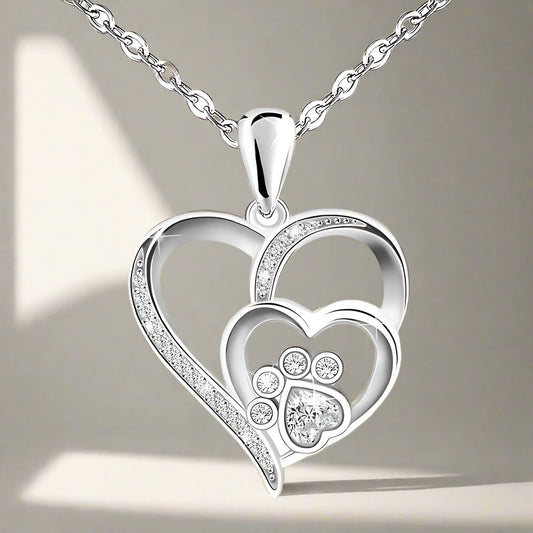 Sterling Silber Pfoten- & Herz-Halskette mit Zirkonia