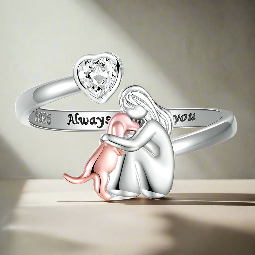 Verstellbarer Hundering aus 925 Sterling Silber – „Immer in meinem Herzen“ mit Zirkonia
